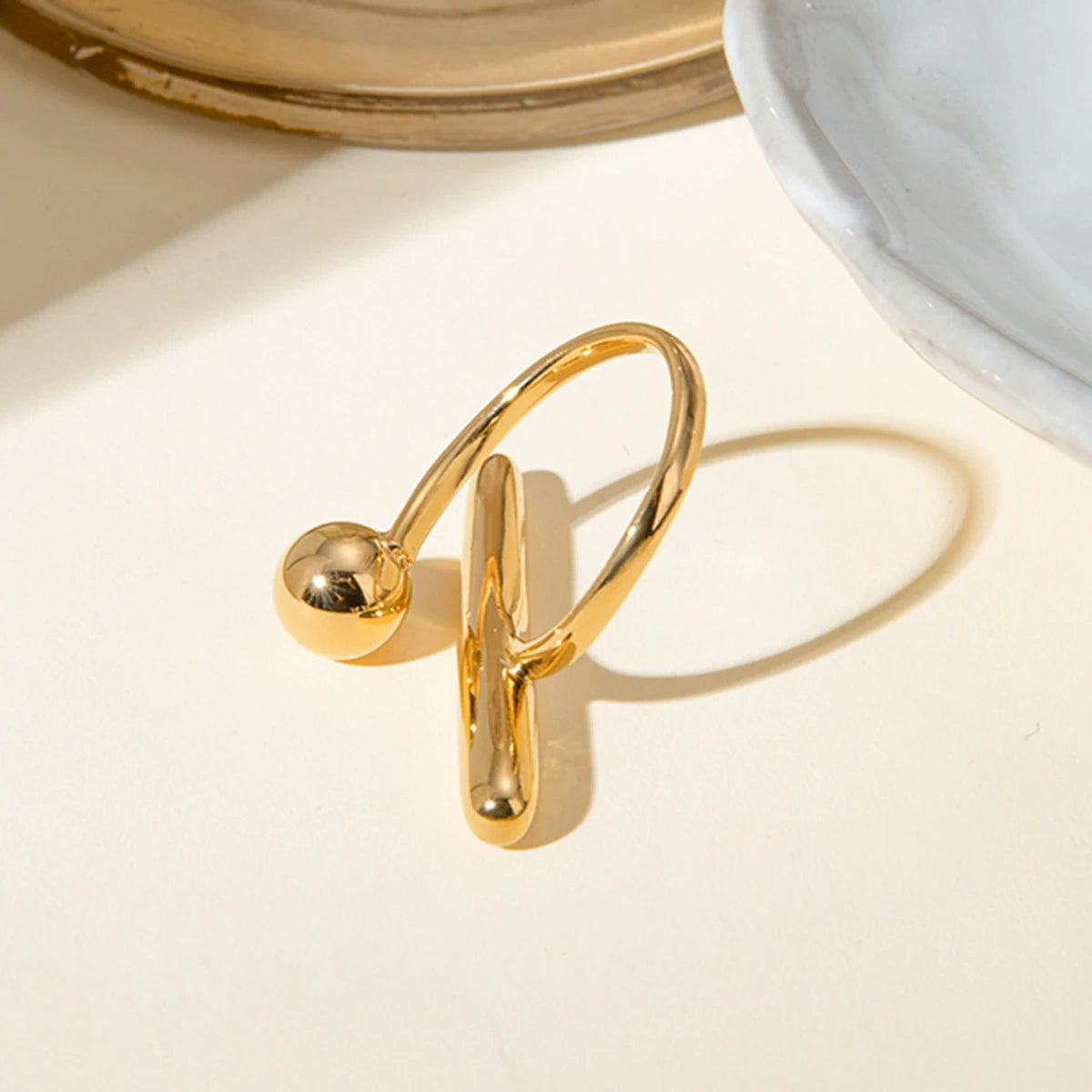 18K Statement Summer Stainless Steel PVD Plated Geometric Simplicity Opening Ring Women Sandy Beach Jewelry
