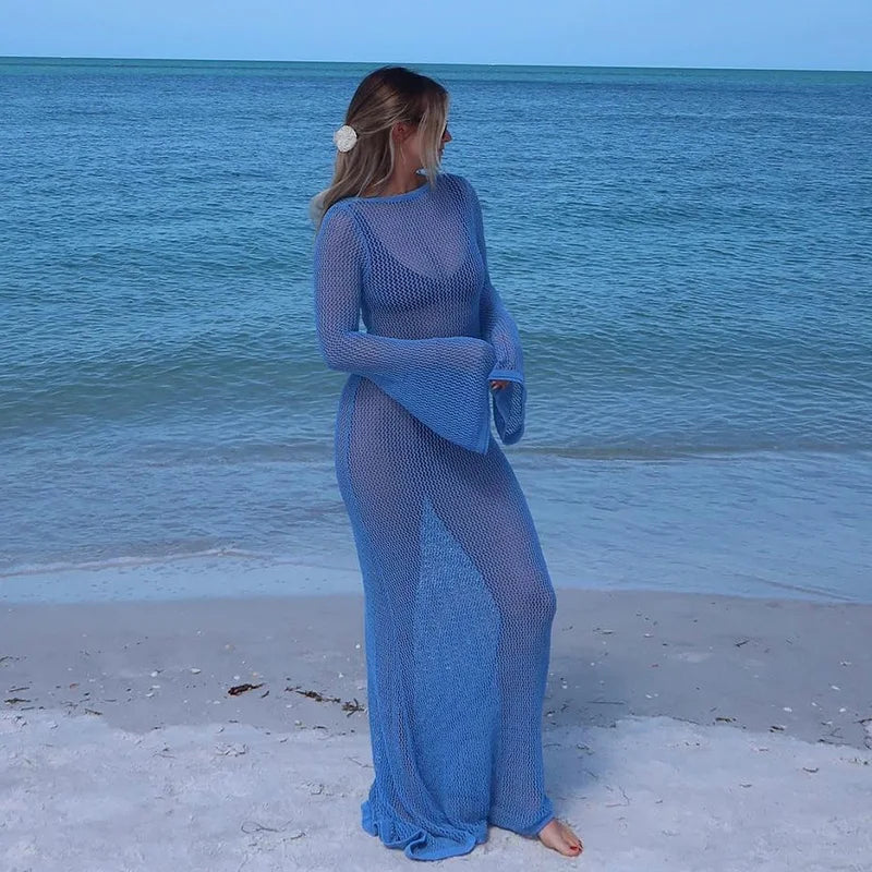 2024 Sexy Beach Backless Maxi Dresses for Women Flare Sleeve Hollow Out See Through Party Dress Summer Eleant Solid Long Dress