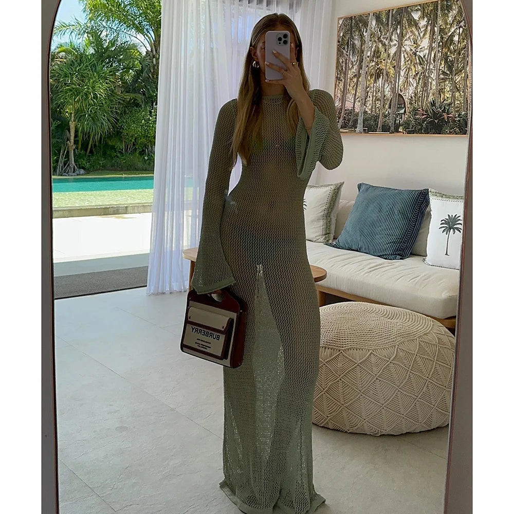 2024 Sexy Beach Backless Maxi Dresses for Women Flare Sleeve Hollow Out See Through Party Dress Summer Eleant Solid Long Dress