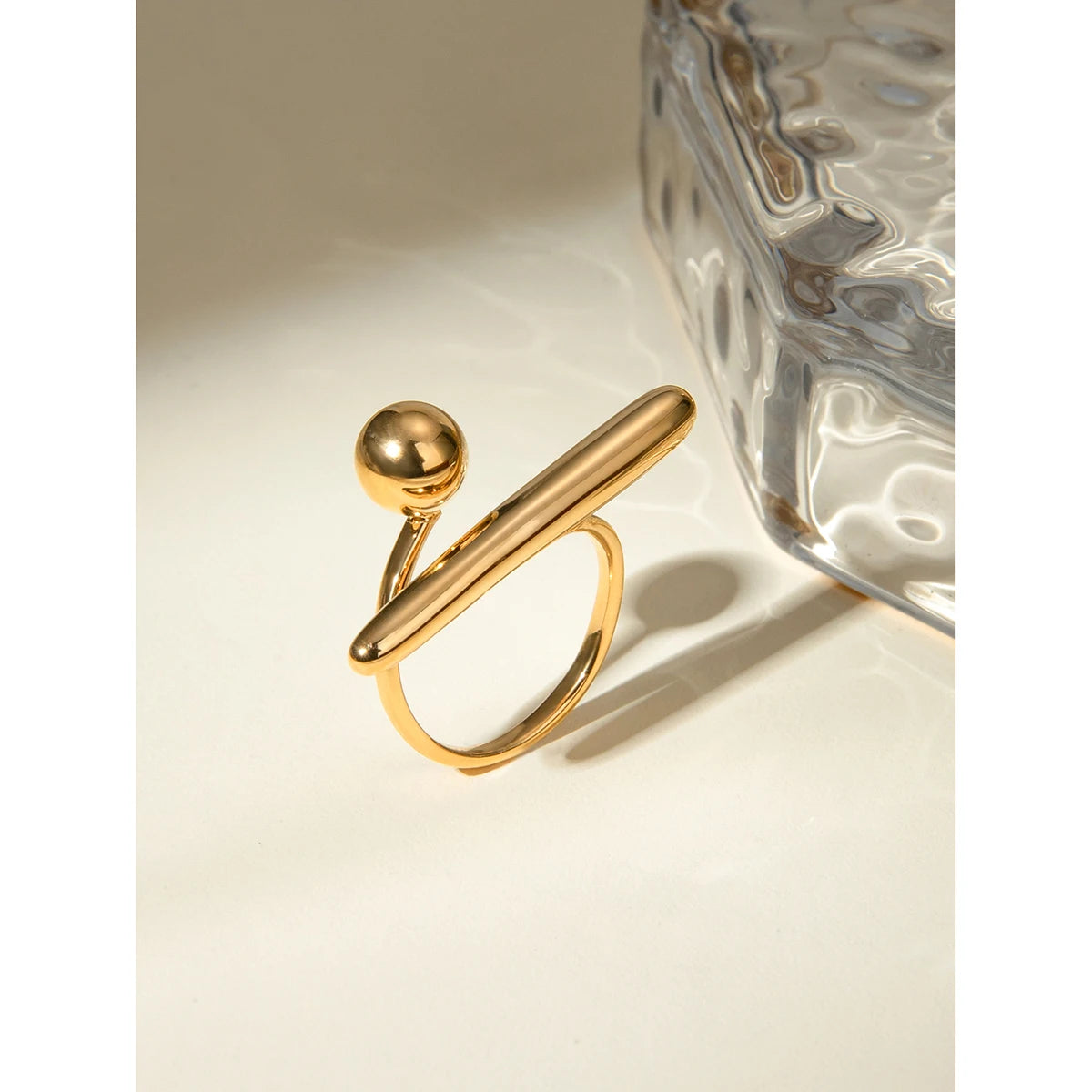 18K Statement Summer Stainless Steel PVD Plated Geometric Simplicity Opening Ring Women Sandy Beach Jewelry