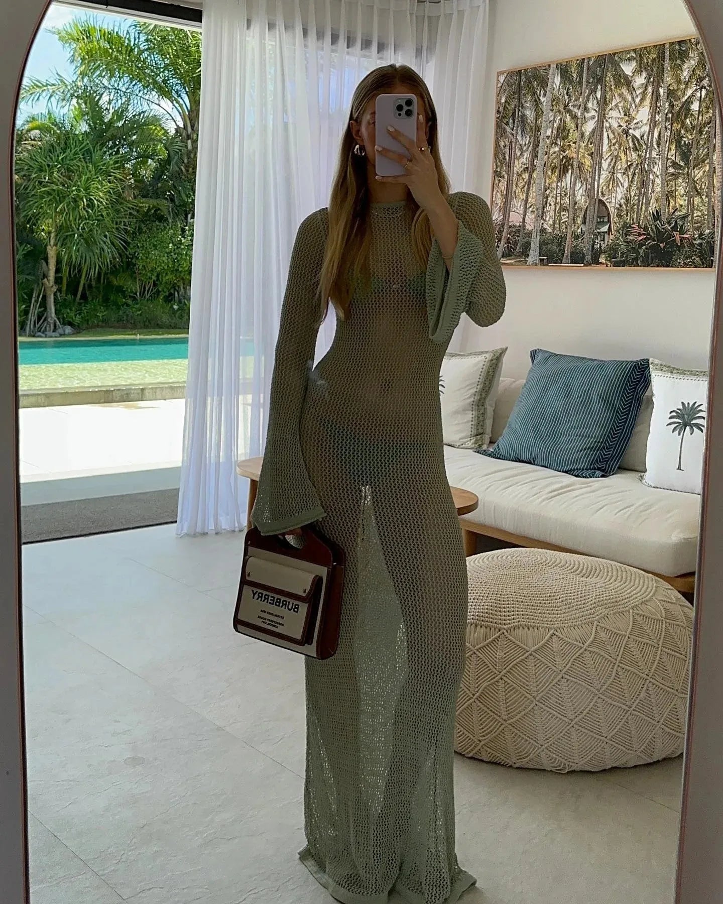 2024 Sexy Beach Backless Maxi Dresses for Women Flare Sleeve Hollow Out See Through Party Dress Summer Eleant Solid Long Dress