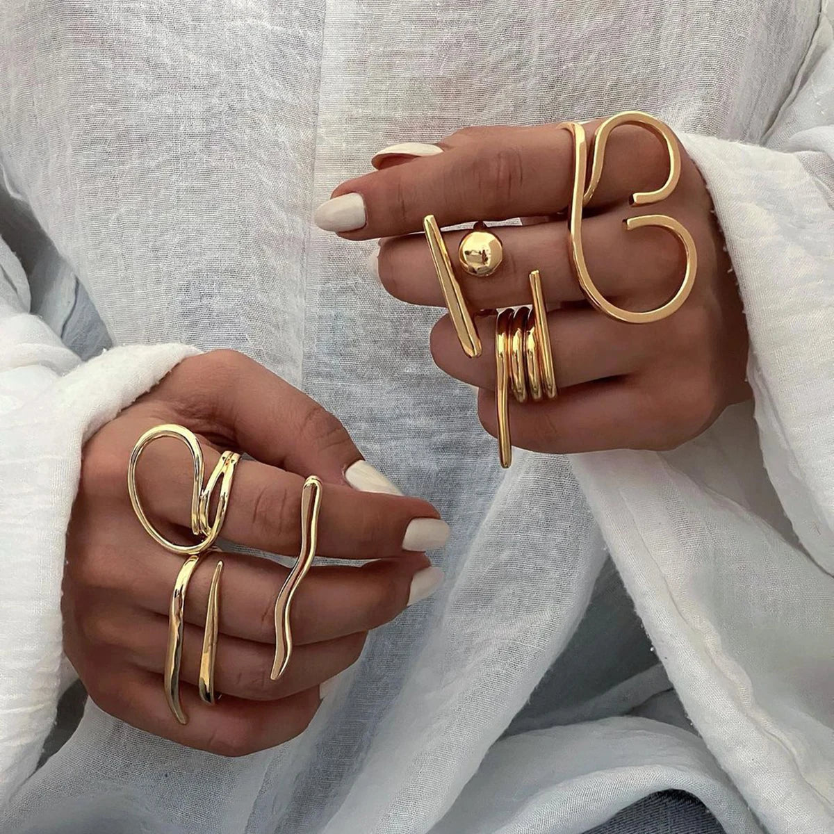 18K Statement Summer Stainless Steel PVD Plated Geometric Simplicity Opening Ring Women Sandy Beach Jewelry